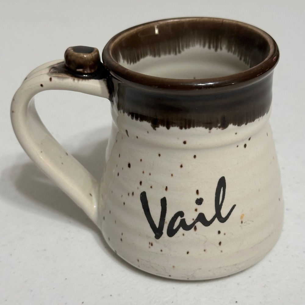 Clay In Mind Vail Souvenir Mug Speckled Stoneware Drip Glaze Brown Cream Vintage